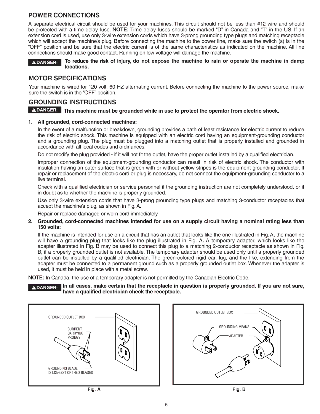 Delta 46-460ST, 46-455 instruction manual Power Connections, Motor Specifications, Grounding Instructions 